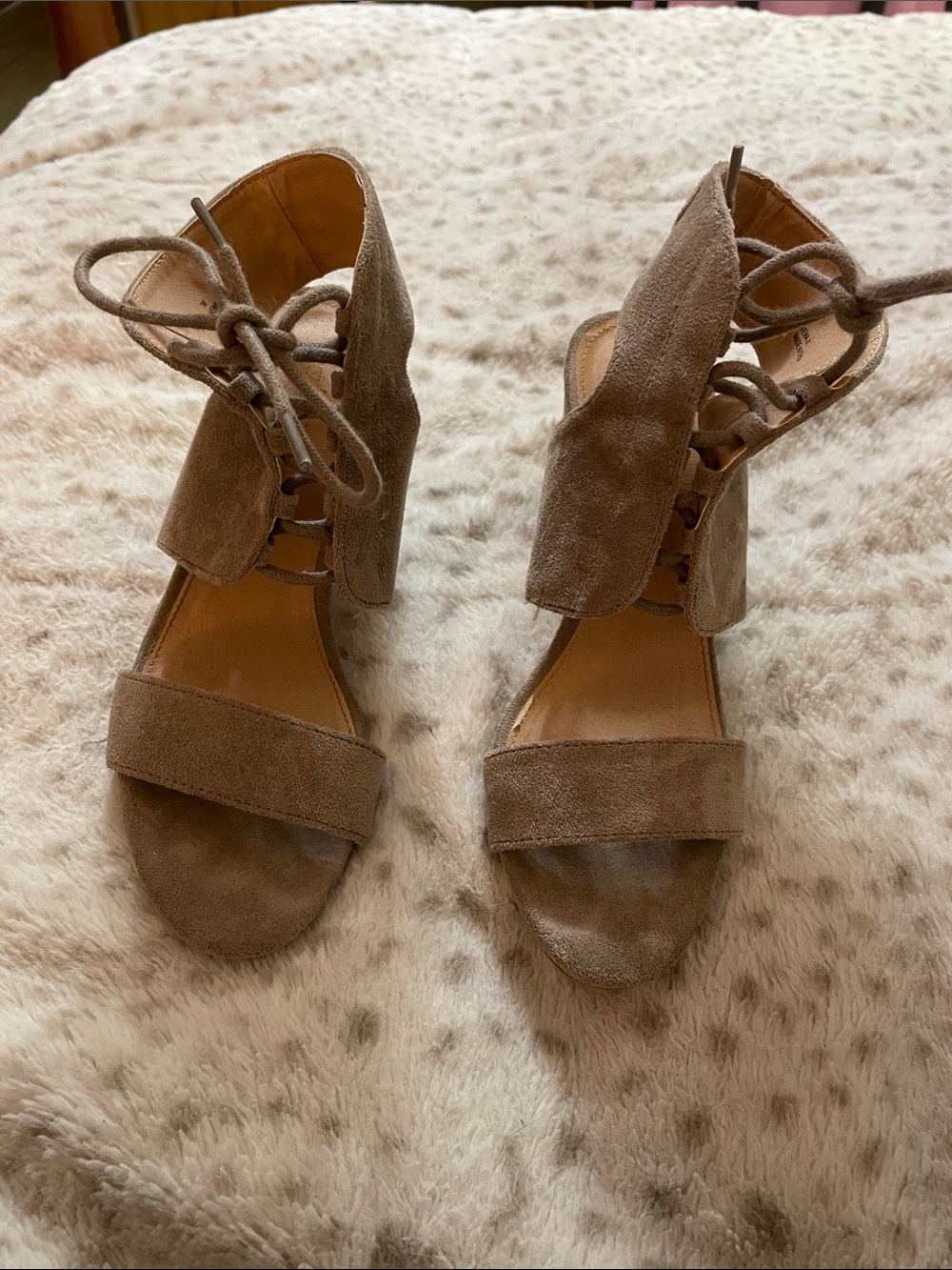 Charlotte Russe Taupe Suede Lace-Up Block Heel Sandals